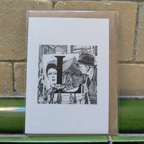Greeting card with black and white illustration on a brick wall background